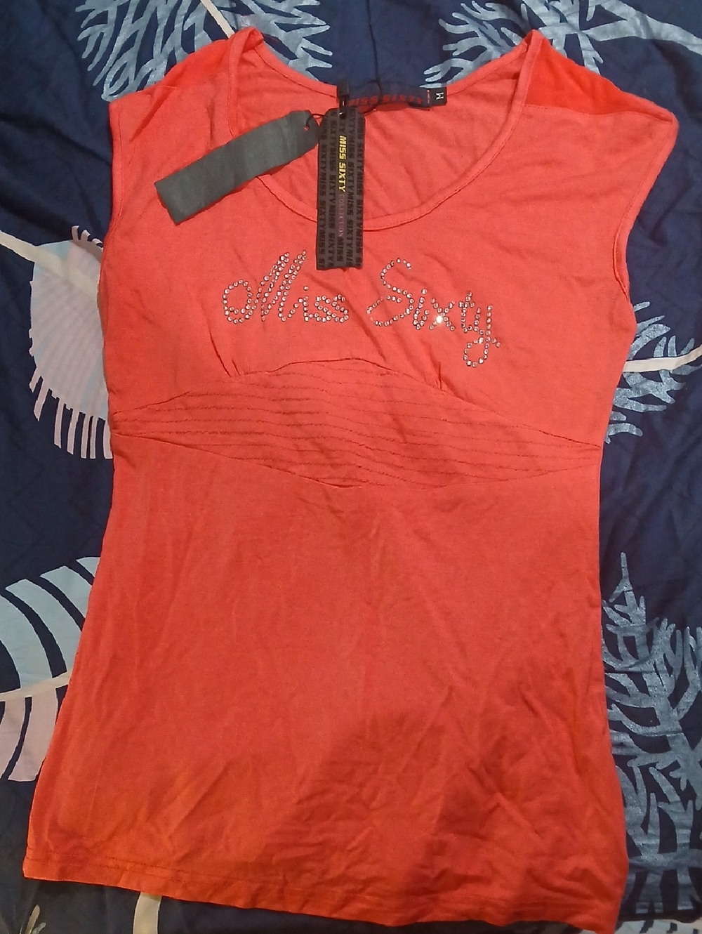 Miss Sixty Coral Rhinestone Logo Tank Top